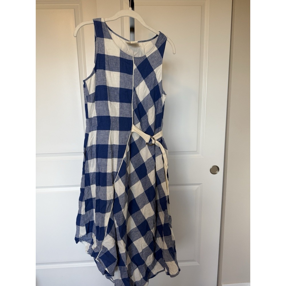 Anthropologie Maeve Belted Gingham Blue White Check Asymmetrical Dress Size S - Picture 2 of 4